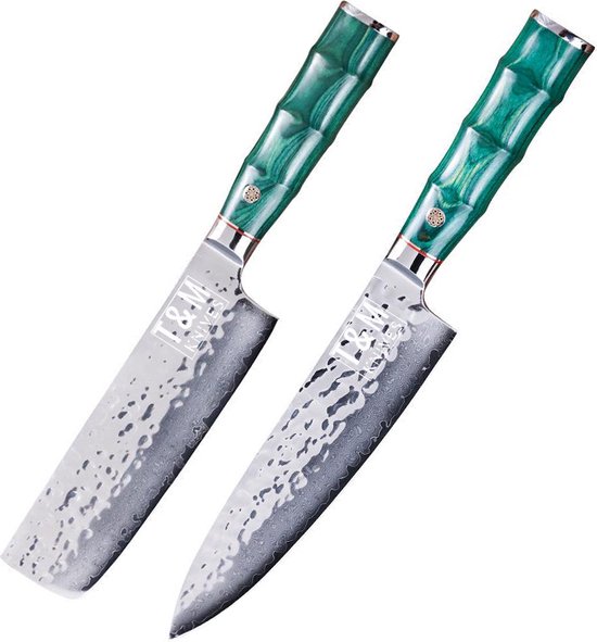 T&M Knives Damascus Set Deluxe - Nakiri En Kiritsuke Japans Koksmes - Japanse Messenset - Inclusief Giftbox Met Beschermcover