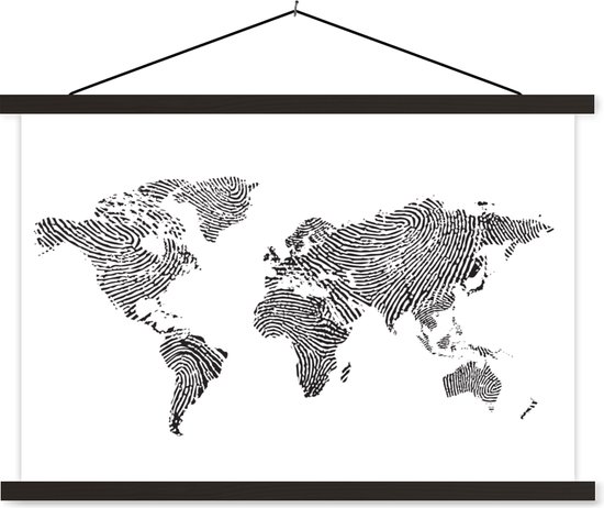 Wereldkaart vingerafdruk zwart wit schoolplaat platte latten zwart 60x40 cm - Foto print op textielposter (wanddecoratie woonkamer/slaapkamer)