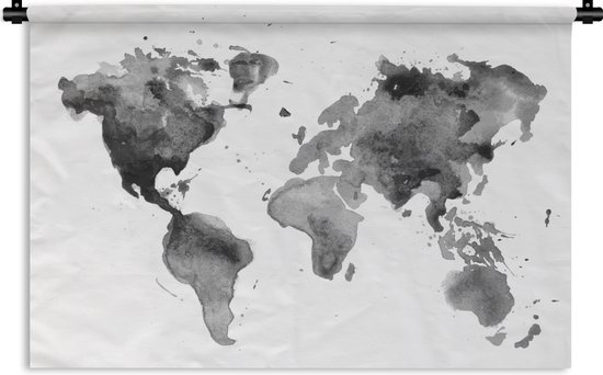 Wandkleed Eigen Wereldkaarten - Wereldkaart aquarel zwart wit Wandkleed katoen 90x60 cm - Wandtapijt met foto