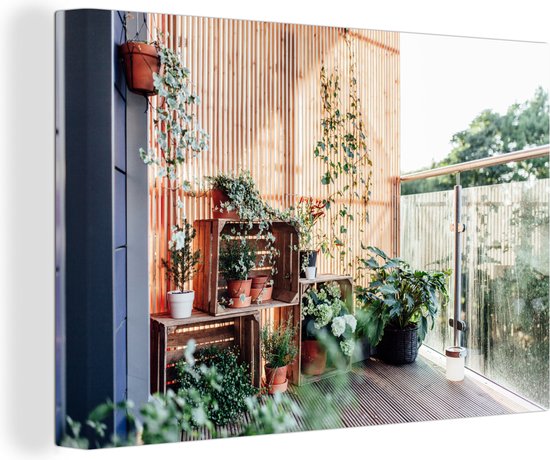 Brig boom profiel Canvas Schilderij Balkon met planten - 90x60 cm - Wanddecoratie | bol.com