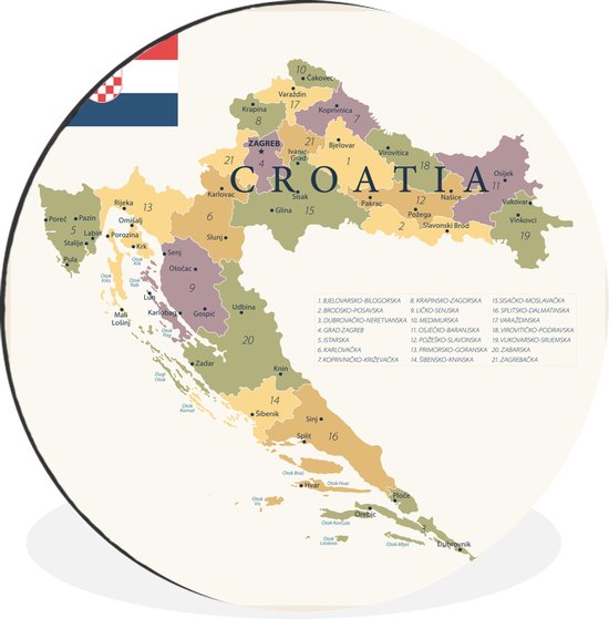 WallCircle - Wandcirkel - Muurcirkel - Kaart van Kroatië met de belangrijke steden en gebieden - Aluminium - Dibond - ⌀ 90 cm - Binnen en Buiten
