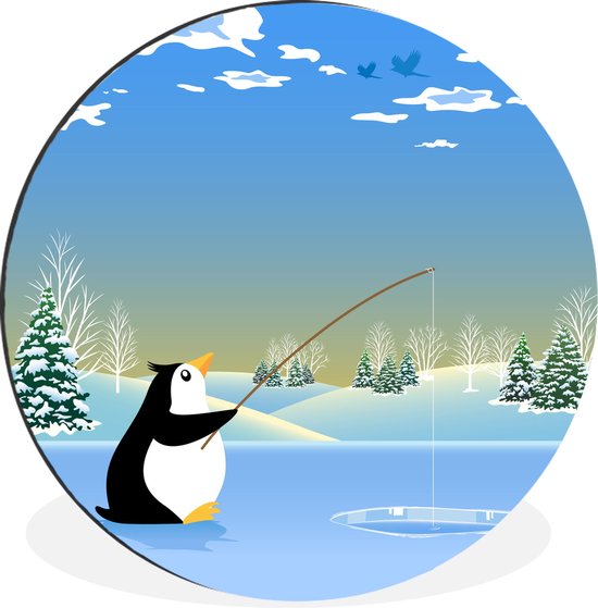 Illustration d'un pingouin de pêche Cercle mural aluminium - ⌀ 60 cm -  peinture ronde