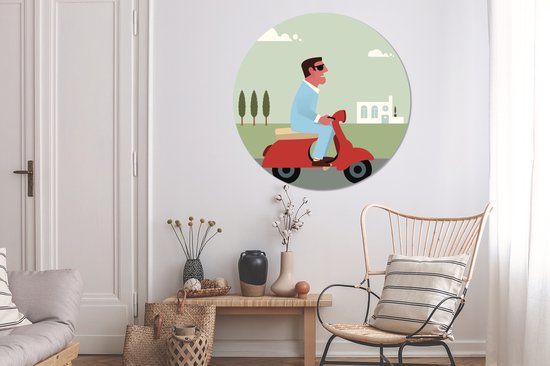 Illustration d'un homme sur une Vespa rouge Cercle mural aluminium ⌀ 120 cm - Tirage photo sur cercle mural / cercle vivant / cercle jardin (décoration murale) XXL / Groot format!