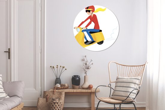 Illustration d'une fille sur un mur jaune Vespa cercle aluminium ⌀ 90 cm - tirage photo sur cercle mural / cercle vivant / cercle jardin (décoration murale)