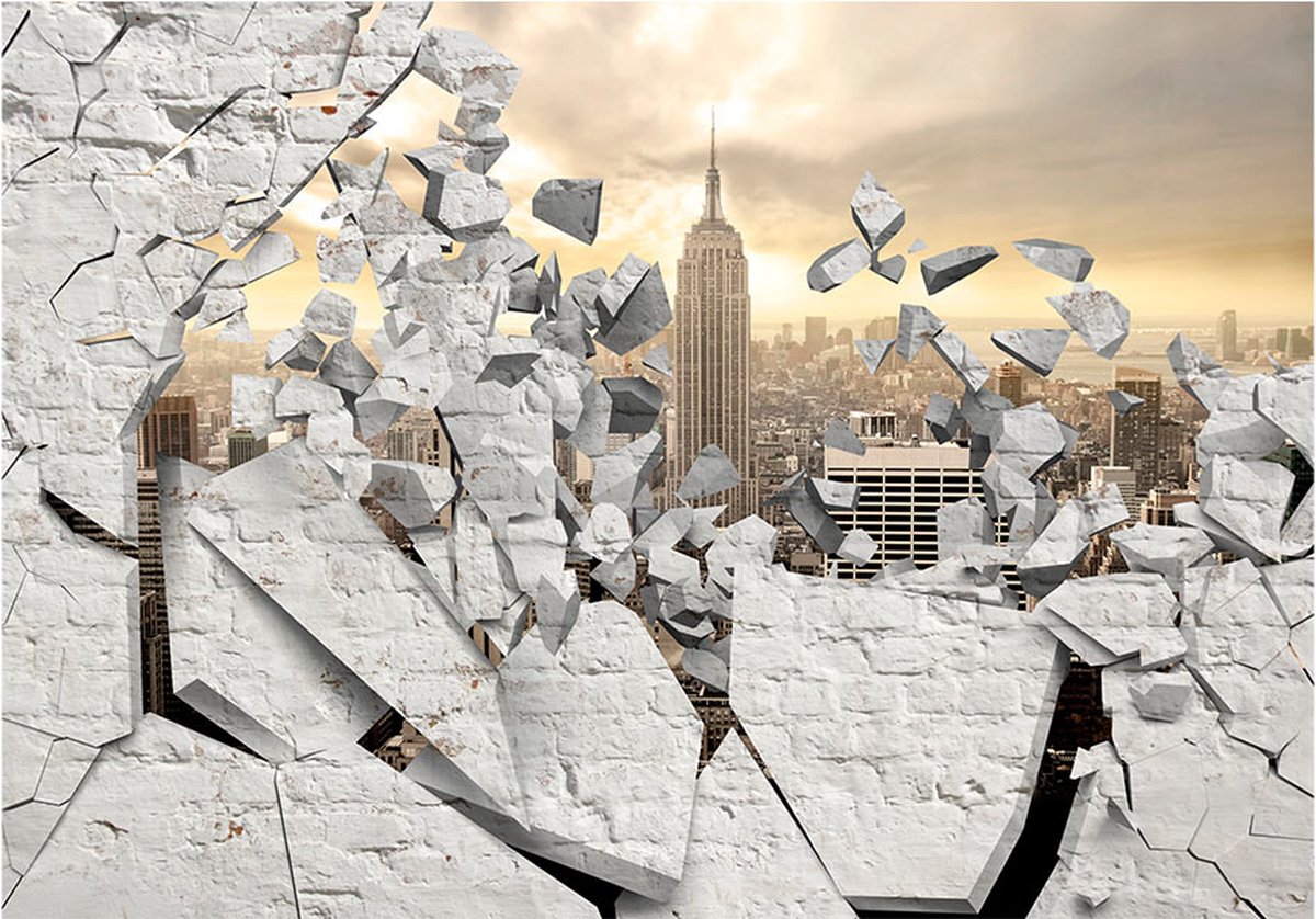 Fotobehangkoning - Behang - Vliesbehang - Fotobehang New York achter de Gebroken Muur 3D - NY - City behind the Wall - 400 x 280 cm