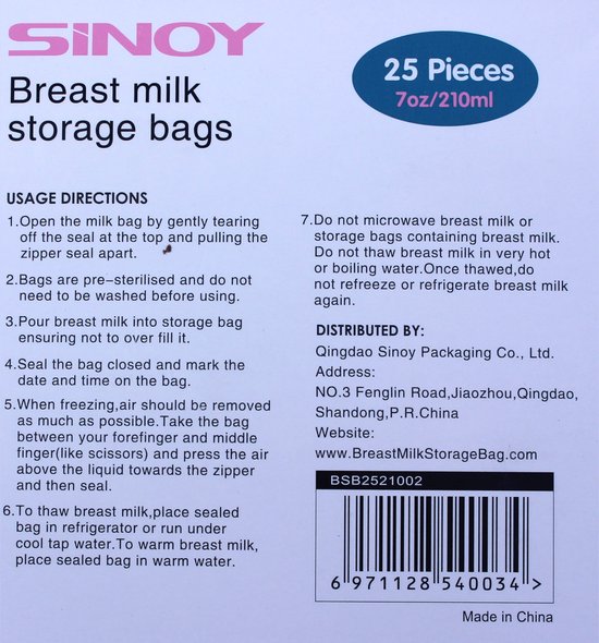 Moedermelk bewaarzakjes - borstvoeding bewaarzakje - 210 ml - 25 stuks - steriel - makkelijk etiketteren - Merkloos