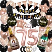 75 Jaar Feest Verjaardag Versiering Confetti Helium Ballonnen Slingers Happy Birthday Rose Goud & Zwart XL SET – 60 Stuks