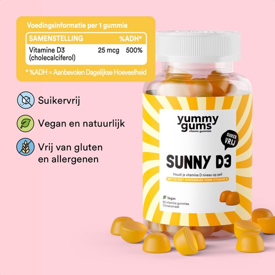 Yummygums sunny D3 - vitamine d3 gummies - 500% adh vitamine d - suikervrij - vegan- 60 stuks