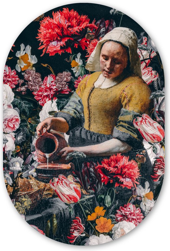 Muurovaal - Kunststof Wanddecoratie - Ovalen Schilderij - Melkmeisje - Johannes Vermeer - Bloemen - Roze - 40x60 cm - Ovale spiegel vorm op kunststof