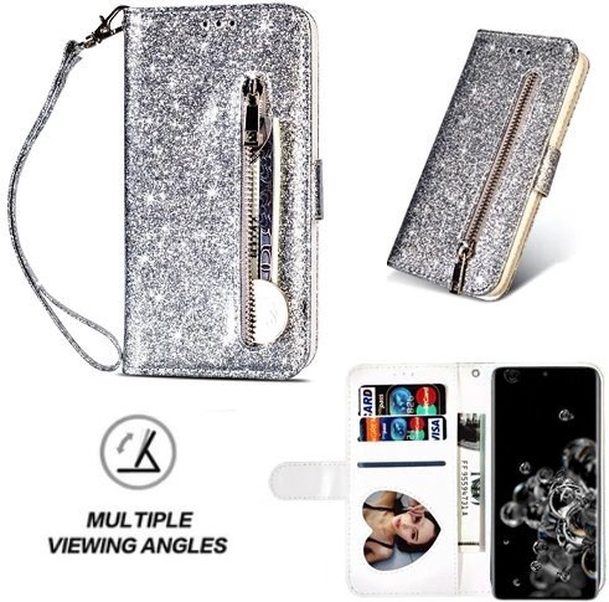 Samsung S20 Ultra Glitter Hoesje Met Pasjeshouder Bookcase Zilver