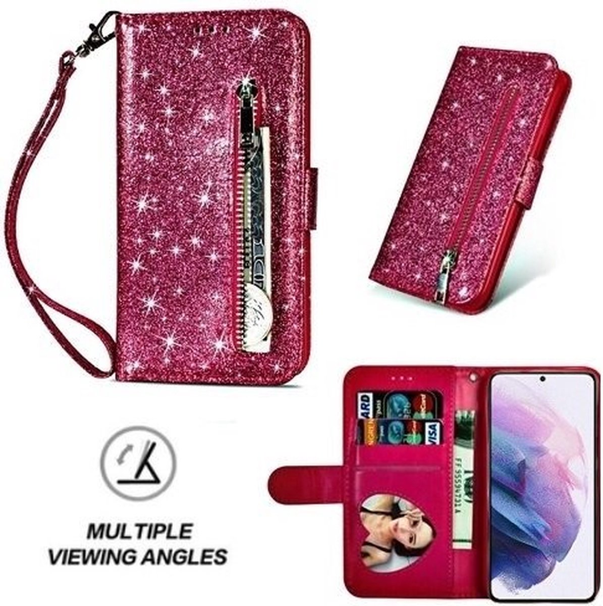 Samsung S21 Glitter Hoesje Met Pasjeshouder Bookcase Roze