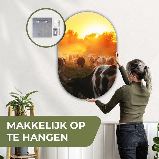 Ovale Mural - Ovale Mural - Décoration murale Plastique - Peinture Ovale - Vaches - Coucher de Soleil - Pâturage - Animaux - 80x120 cm - Forme Miroir Ovale sur Plastique
