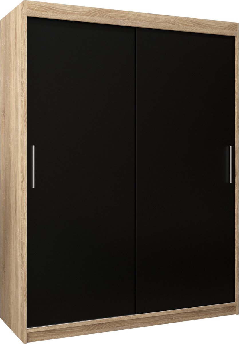 InspireME Kledingkast met 2 schuifdeuren, Modern-stijl, Kledingkast met planken (BxHxD): 150x200x62 - TORM 150 Sonoma Eik + Zwart Mat