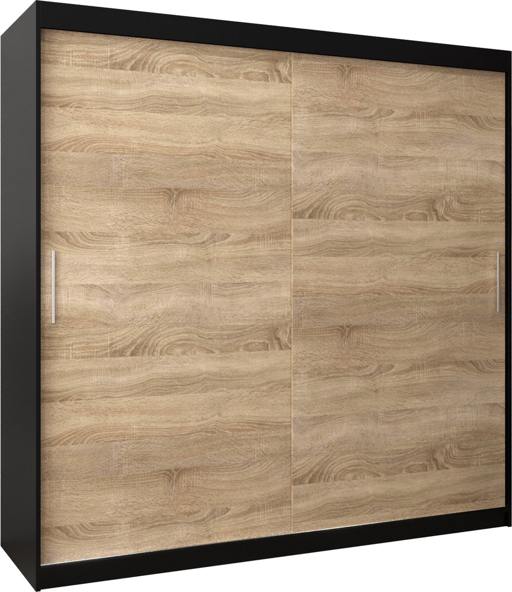 InspireME Kledingkast met 2 schuifdeuren, Modern-stijl, Kledingkast met planken (BxHxD): 200x200x62 - TORM 200 Zwart Mat + Sonoma Eik