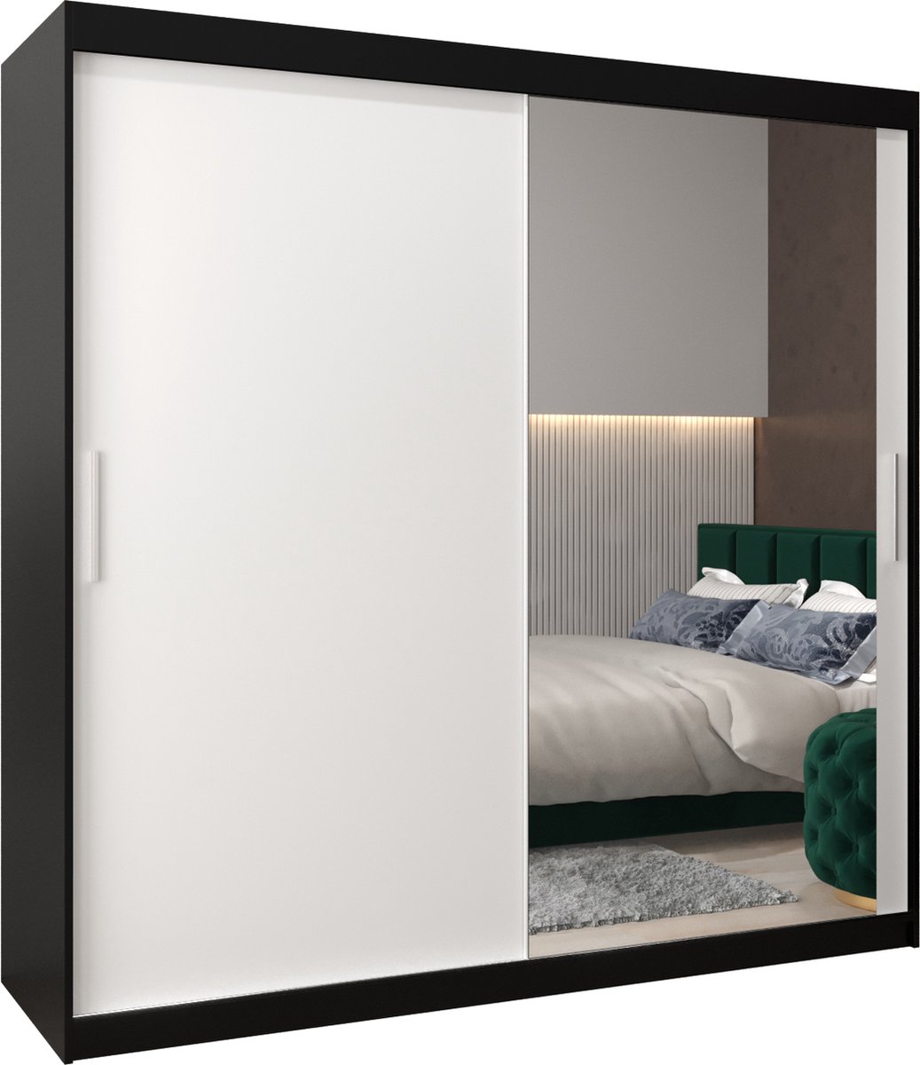 InspireME Kledingkast met 2 schuifdeuren, Modern-stijl, Kledingkast met planken (BxHxD): 200x200x62 - TORM II 200 Zwart Mat + Wit Mat