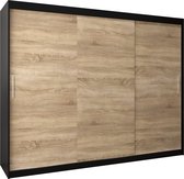 InspireMe - Kledingkast met 3 schuifdeuren, Modern-stijl, Kledingkast met planken (BxHxD): 250x200x62 - TORM 250 Zwart Mat + Sonoma Eik mat 4 lades