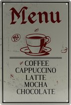 Wandbord – Menu - Koffie - Cappucino - Latte - Retro - Wanddecoratie – Reclame bord – Restaurant – Kroeg - Bar – Cafe - Horeca – Metal Sign – 20x30cm