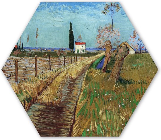 Hexagon wanddecoratie - Kunststof Wanddecoratie - Hexagon Schilderij - Pad door een veld met wilgen - Vincent van Gogh - 120x103 cm