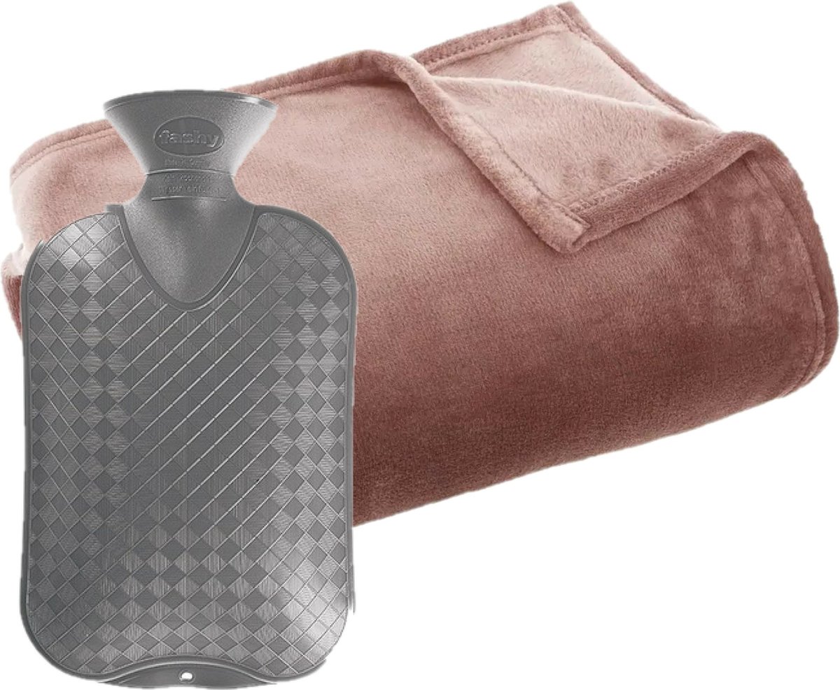 Fleece deken/plaid Oud Roze 130 x 180 cm en een warmwater kruik 2 liter
