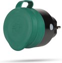 Groen, waterdicht stopcontact met gesloten klepje met 'IPX4' markering
