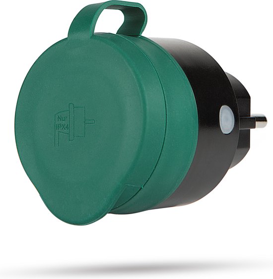 Groen, waterdicht stopcontact met gesloten klepje met 'IPX4' markering