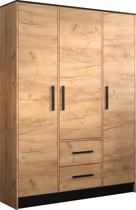 InspireMe- Kledingkast, Slaapkamer Kledingkast, Spiegel Kledingkast | 3 gesloten deuren en 2 lades | Kast met meerdere planken met ophangruimte (BxHxD): 153x202x40 cm ATLAM III 153 - Gouden Eik + Zwart