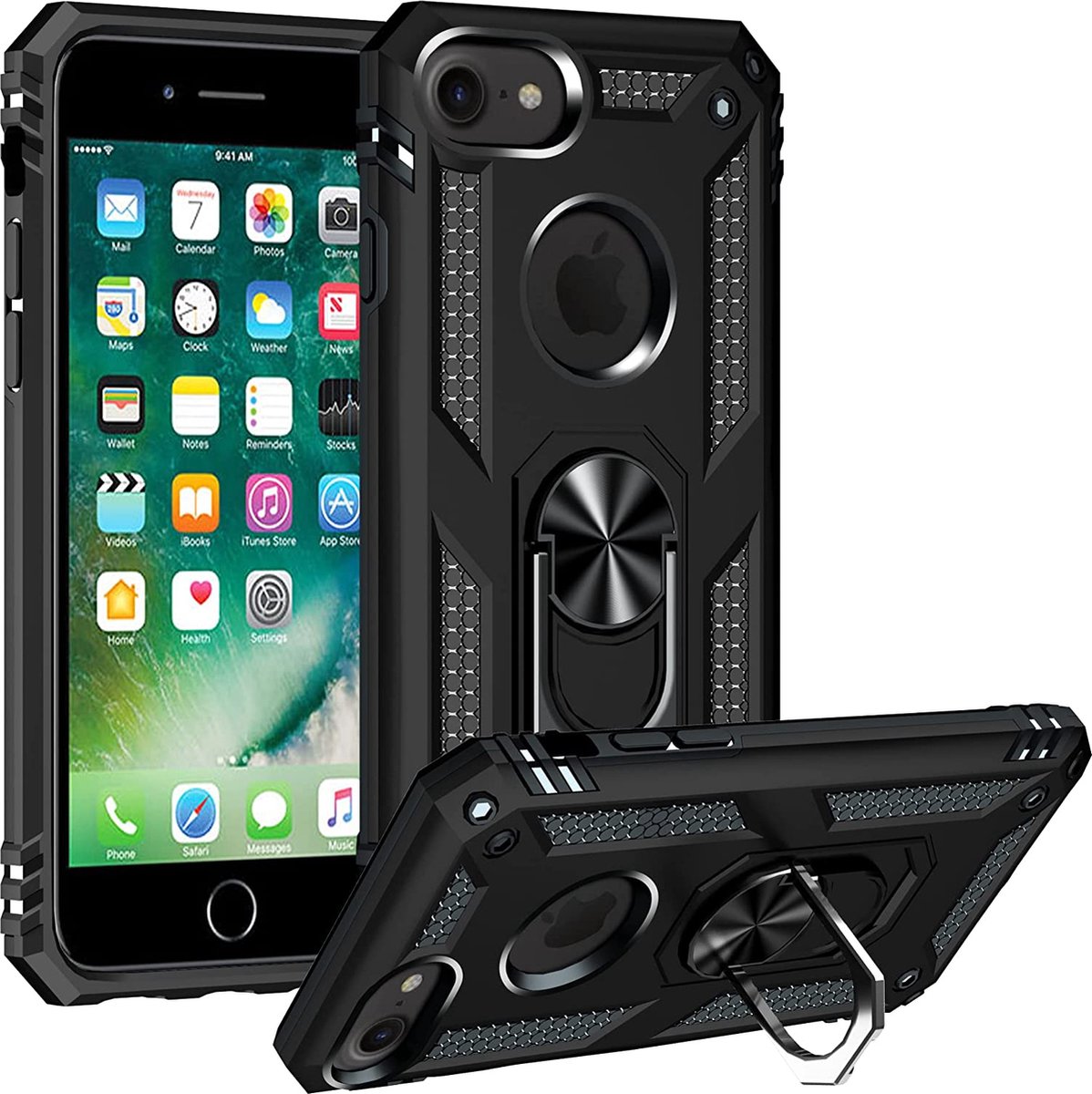 Anti-Shock Hybrid Ring Armor Hoesje Geschikt voor: iPhone 7 / 8 - zwart