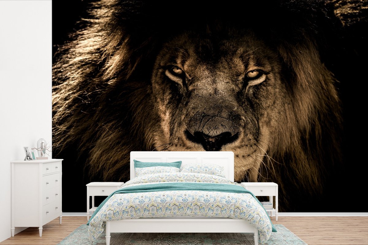 Behang - Fotobehang Leeuw - Dieren - Zwart - Portret - Breedte 360 cm x hoogte 240 cm