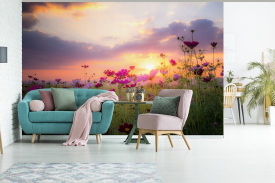 Champ de fleurs avec des fleurs roses au crépuscule 600x400 cm