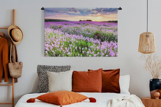 Tapisserie Champs de lavande - Champ de Lavande avec un ciel de feu Tapisserie coton 120x80 cm - Tapisserie avec photo