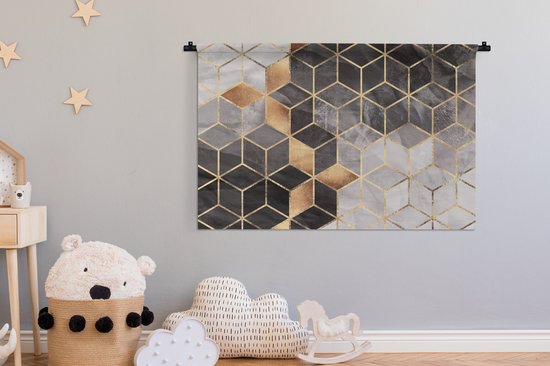 Tapisserie - Tapisserie - Abstrait - Cube - Or - Motifs - Zwart - Wit - 150x100 cm - Tapisserie