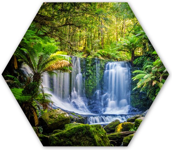 Hexagon wanddecoratie - Kunststof Wanddecoratie - Hexagon Schilderij - Jungle - Waterval - Australië - Planten - Natuur - 75x65 cm