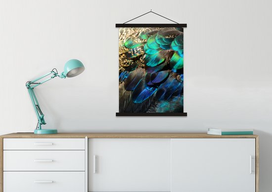Porte-affiche avec affiche - Affiche scolaire - Ressorts - Plumes de paon - Paon - Blauw - Art - 60x80 cm - Lattes noires