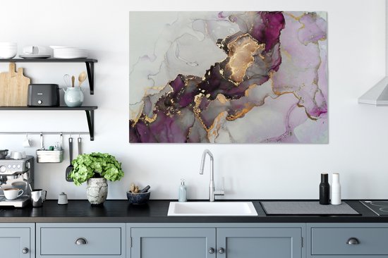 Toile Peinture Marbre - Abstrait - Or - Violet - 140x90 cm - Décoration murale