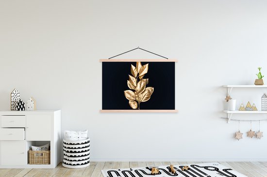 Posterhanger incl. Poster 120x80 cm - Schoolplaat - Plant - Bladeren - Goud - Zwart - Luxe - Textielposter - Blanke latten