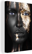 Image unique d'une femme maquillée aux nuances dorées. Le portrait est facile à combiner grâce aux couleurs noir et or 60x90 cm - Tirage photo sur toile (Décoration murale salon / chambre)