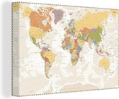 Canvas Wereldkaart - 120x80 - Wanddecoratie Wereldkaart - Retro - Kleuren - Educatief - Staatkundig