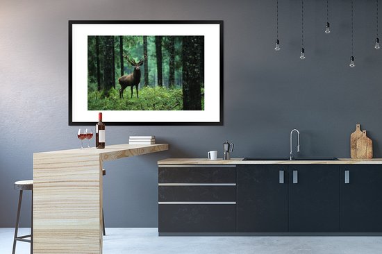 Cadre photo avec affiche - Cerf - Forêt - Arbres - Animaux - Nature - 120x80 cm - Cadre pour affiche