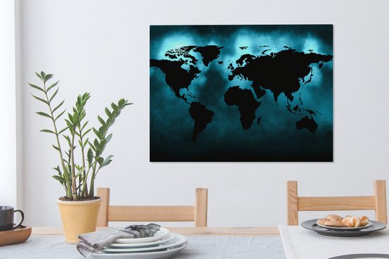Wereldkaart Toile - 80x60 - Décoration murale Wereldkaart - Zwart - Blauw