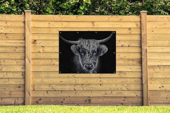 Affiche de jardin Highlander écossais - Zwart - Vache - Animaux - 130x90 cm - Décoration murale extérieure - Affiche de jardin - Toile de jardin - Affiche de clôture - Peinture de jardin