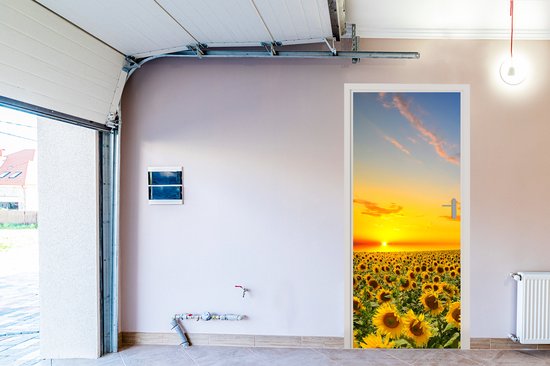 Zonnebloemenveld bij zonsondergang, oranje lucht met wolken.