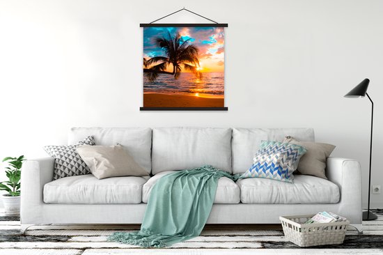Support pour affiches avec affiche 90x90 cm - Affiche scolaire - Palmier - Coucher de soleil - Horizon - Plage - Mer - Tropical - Affiche textile - Lattes noires