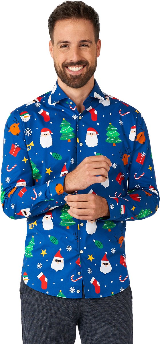 OppoSuits Festivity Blue - Heren Kerst Overhemd - Kerstshirt - Blauw - Maat M