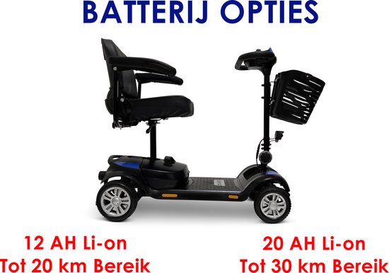 Zwarte scootmobiel met blauwe accenten, 12 AH of 20 AH Li-on batterij opties, tot 20km of 30km bereik.