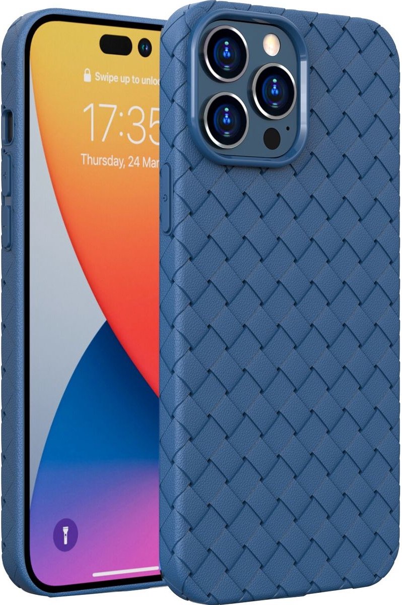 Mobigear Hoesje geschikt voor Apple iPhone 14 Pro Telefoonhoesje Flexibel TPU | Mobigear Woven Backcover | iPhone 14 Pro Case | Back Cover - Donkerblauw