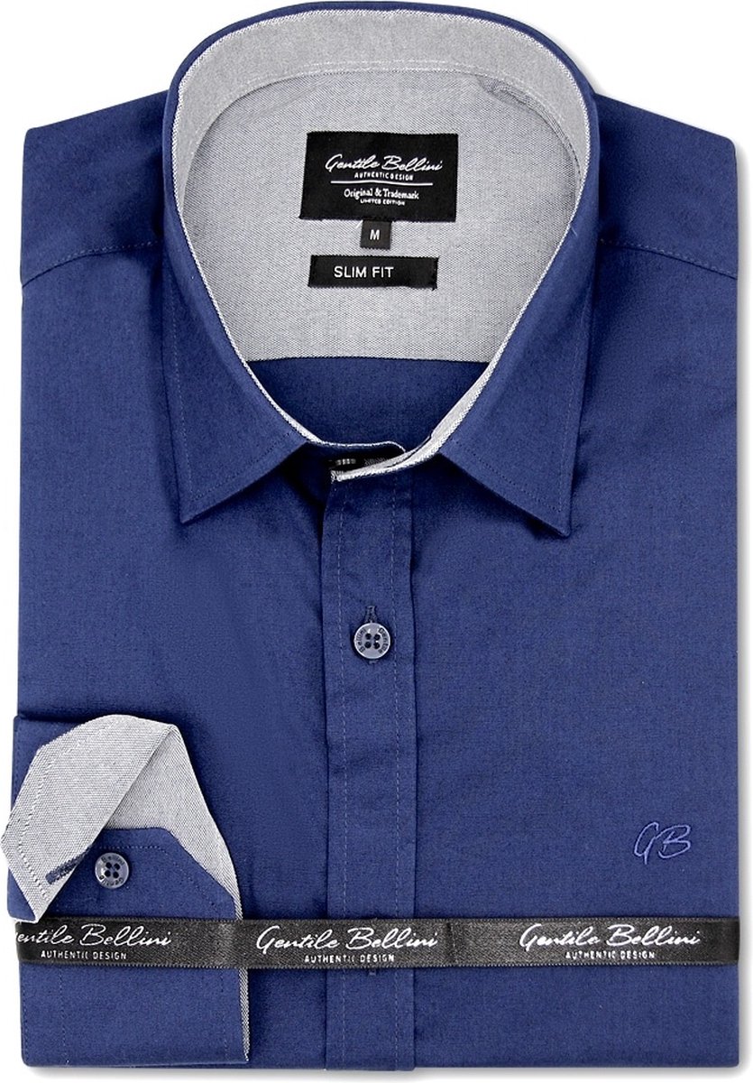 Heren Overhemd - Slim Fit - Chambray Contrastbeleg - Blauw - Maat M