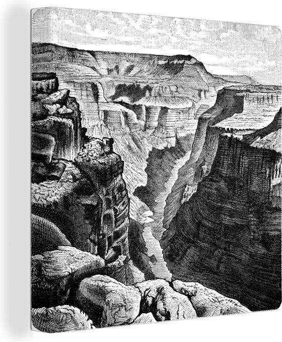Canvas Schilderij Zwart-wit illustratie van de Grand Canyon in Arizona - 20x20 cm - Wanddecoratie