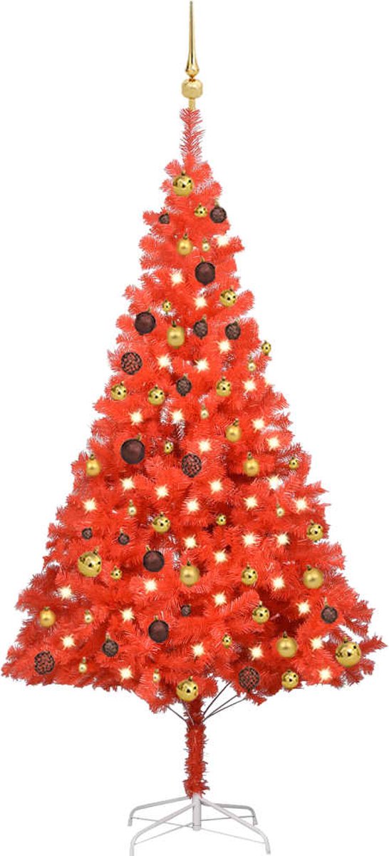 Prolenta Premium - Kunstkerstboom met LED's en kerstballen 180 cm PVC rood