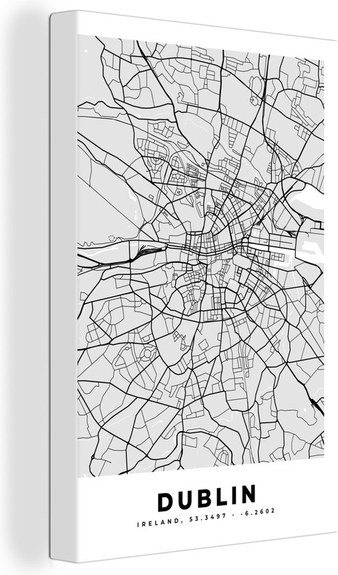 Canvas Schilderij Dublin - Stadskaart - Zwart Wit - Plattegrond - Kaart - Wanddecoratie