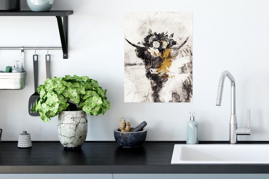 Affiche Highlander écossais - Peinture - Fleurs - 30x40 cm